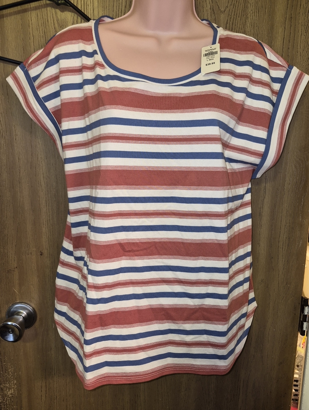 LL Bean Signature Rangeley Shirt Womens L Stripe Scoop Neck Cap Sleeve Tee
